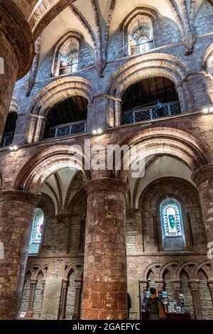 St Magnus Cathedral, Kirkwall dominates the skyline of Kirkwall, the main town of Orkney, a group of islands off the north coast of mainland Scotland. Stock Photo