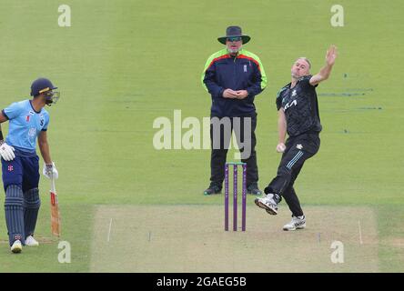 London, UK. 30th July, 2021. 30 July, 2021. London, UK. Surrey’s Rikki Clarke bowling as Surrey take on Northamptonshire in the Royal London One-day Cup at the Kia Oval. David Rowe/ Alamy Live News Credit: David Rowe/Alamy Live News