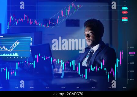 businessman working with a laptop in the office at night with several screens. Analyzing data . High quality photobusinessman working with a laptop in Stock Photo