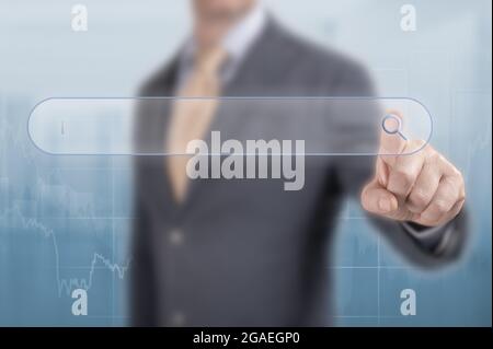 search for business solutions concept. Search and SEO. businessman clicks on magnifying glass in search bar. business hand clicking button on search t Stock Photo