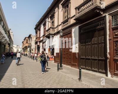 Lima, Peru - May,  2016: Street with colonial houses and Casa de la Literatura Peruana at the end. Lima, South America. Stock Photo