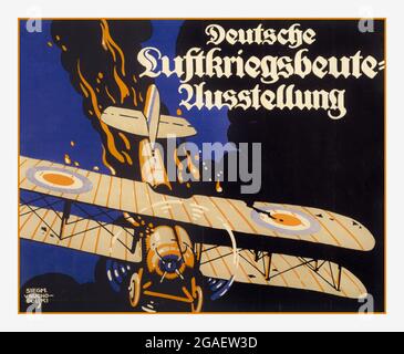 WW1 Poster 1918 shows a burning RAF British biplane plunging toward the ground. German Propaganda World War 1 Deutsche Luftkriegsbeute Ausstellung / Siegm. v. Suchodolski. Creator(s): Suchodolski, Siegmund von, 1875-, artist Archiv für Zeitgeschichte und Publizistik, DLC , Date Created/Published: [S.l. : s.n., 1918] Medium: 1 print (poster) : lithograph, color ; 69 x 87 c: Poster anti British Propaganda burning British biplane plunging toward the ground. Stock Photo