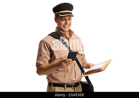Mailman using a mobile phone and holding letters isolated on white background Stock Photo