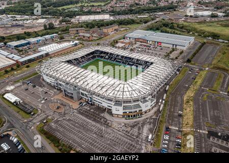 Aerial View of Pride Park Derby Home Of Wayne Rooney's Derby County Football Club Drone Stock Photo