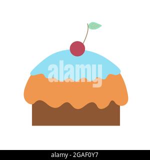 Delicious cupcake with blue icing and cherry on an isolated background. Tea time. Dessert. Design elements. Unhealthy food. Vector. Stock Vector