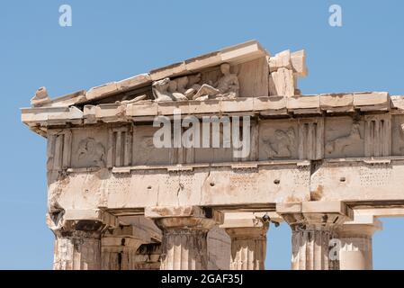 Detail of classical greek architecture, doric columns and frieze, from the Acropolis of Athens, Greece Stock Photo
