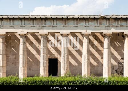 Facade of Temple of Hephaestus in Athens. Greek Doric-style architecture, columns, architrave, Stock Photo