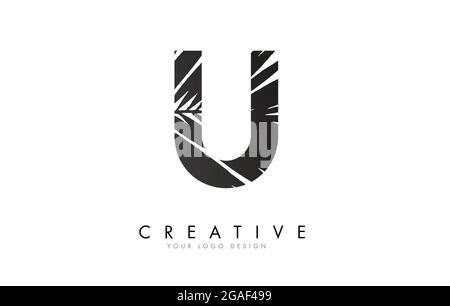 Black Leaf U letter logo design with palm tree leaf detail vector illustration. Creative and elegant icon. Stock Vector