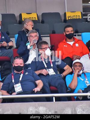 Tokyo, Japan. 30th July, 2021. International Olympic Committee (IOC) president Thomas Bach inspects during the Tokyo Olympics Table Tennis Men's singles match at Tokyo Metropolitan Gymnasium in Tokyo, Japan on Friday, July 30, 2021. Photo by Keizo Mori/UPI Credit: UPI/Alamy Live News Stock Photo