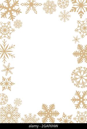 Golden frosty snowflake frame on white background. Useable for letter, greeting card, photo frame and backgrounds or wallpaper. Stock Vector