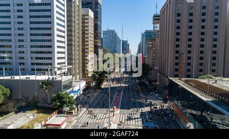 São Paulo, Brazil - 07, 2021: Aerial view of Av. Paulista in São Paulo, SP.  Main avenue of the capital. Sunday day, without cars, with people walking Stock  Photo - Alamy