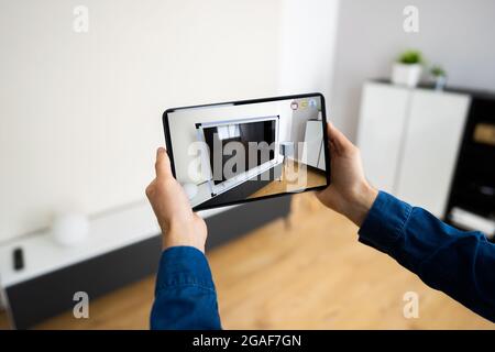 AR Smartphone Designer Application. Augmented Reality TV Stock Photo