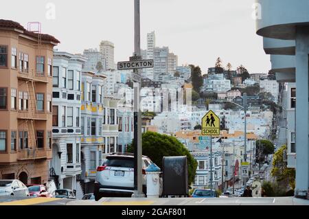 SAN FRANCISCO - FEBRUARY 16 2020 - View of Colorful Buildings and Trees on Chestnut Street Stock Photo