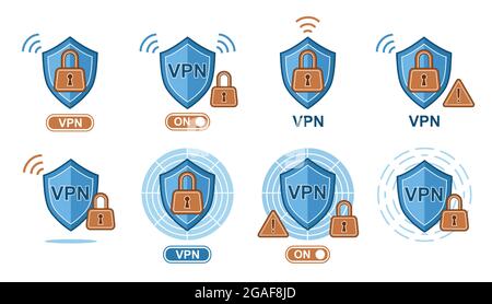 VPN Virtual Private Network security service. Secure encrypted connection. Shield with lock. Online internet privacy. Personal data protection. Vector Stock Vector