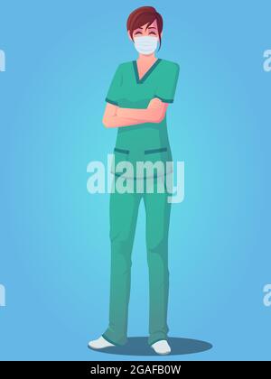 Female medical personnel wearing scrubs, standing with arms folded and wearing a mask Premium Illustration Stock Vector