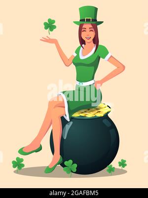 Saint Patrick Day Woman dressed in Green And Sitting On Gold Pot Vector Illustration Stock Vector