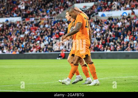 Josh Magennis #27 of Hull City celebrates his goal to make it 1-1 in, on 7/30/2021. (Photo by Mark Cosgrove/News Images/Sipa USA) Credit: Sipa USA/Alamy Live News Stock Photo