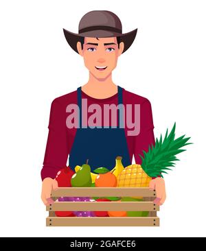 Young Farmer Wearing Brown Hat And Carrying Fruit Crate vector Illustration design Stock Vector