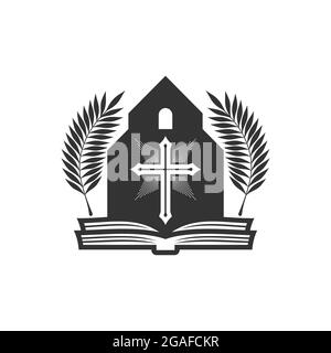 Christian illustration. Church logo. The glory of Christ in the church, palm branches and an open bible. Stock Vector