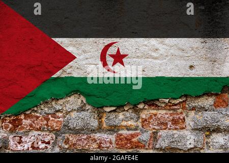 Graphic Concept with a Flag of   Sahrawi Arab Democratic Republic painted on a damaged brick wall. Stock Photo