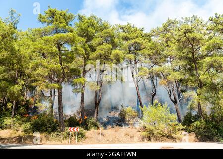 Marmaris, Mugla, Turkey – July 29, 2021. Forest fire near Marmaris resort town of Turkey. Stock Photo