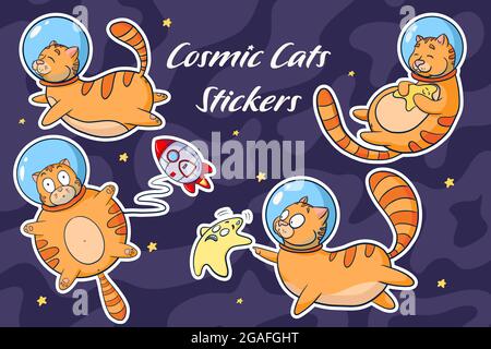 Cosmic Cats Cartoon Stickers Set. Collection of cute animals in space isolated vector illustrations. Funny cats astronauts for logo, nursery decor, sticker, print, background, game design Stock Vector