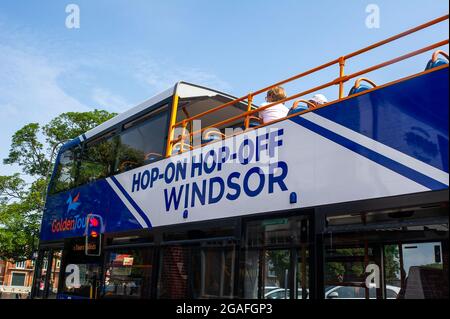 Windsor, Berkshire, UK. 26th July, 2021. The Hop on Hop Off tourist bus is back in action in Windsor. Credit: Maureen McLean/Alamy Stock Photo