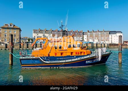 Weymouth, Dorset, UK - October 10 2018: Weymouth's Severn class RNLI Lifeboat 'Ernest and Mabel' No 17-32 moored in Weymouth Harbour Stock Photo