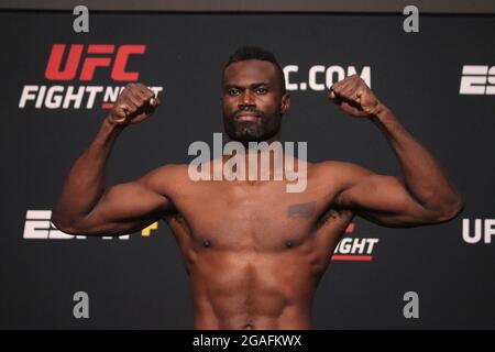 Las Vegas, USA. 30th July, 2021. LAS VEGAS, NV - JULY 30: Uriah Hall poses on the scale during the UFC Vegas 33: Hall vs Strickland Weigh-in at UFC Apex on July 30, 2021 in Las Vegas, Nevada, United States. (Photo by Diego Ribas/PxImages) Credit: Px Images/Alamy Live News Stock Photo