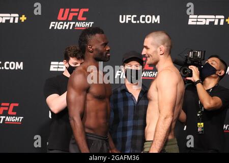 Las Vegas, USA. 30th July, 2021. Las Vegas, NV - July 30: (L-R) Uriah Hall and Sean Strickland face off during the UFC Vegas 33: Hall vs Strickland Weigh-in at UFC Apex on July 30, 2021 in Las Vegas, Nevada, United States. (Photo by Diego Ribas/PxImages) Credit: Px Images/Alamy Live News Stock Photo