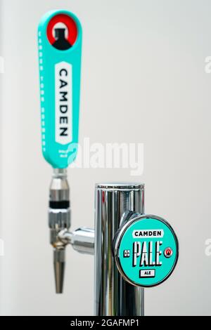 Camden Town Brewery beer pump at a Bar Stock Photo