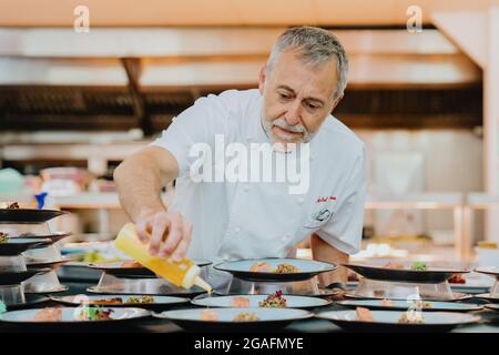 Chef Michel Roux jr at Le Gavroche discussing the day's menu with his ...