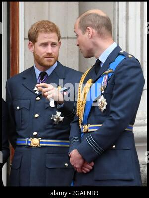 File pictures taken 10072018..Image ©Licensed to Parsons Media. 30/07/2021. London, United Kingdom. Prince William and Prince Harry 100th Anniversary of the RAF. Image ©Licensed to Parsons Media. 10/07/2018. London, United Kingdom. 100th Anniversary of the Royal Air Force. HM The Queen accompanied by Prince William, Duchess of Cambridge and Prince Harry and Duchess of Sussex on the balcony of Buckingham Palace to Mark 100 years of the RAF. Picture by Andrew Parsons / Parsons Media Stock Photo