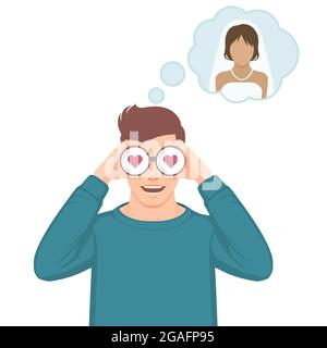 Man using binoculars with heart shape for finding girlfriend. Stock Vector