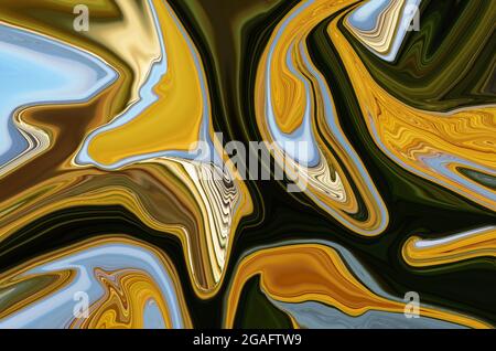 Golden Green Psychedelic liquid marble fluid abstract art background design. Trendy liquid marble style. Ideal for web, advertisement, prints, wall. Stock Photo