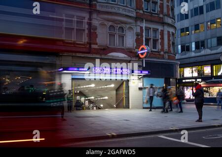 London, UK. 30th July, 2021. The Bond Street Underground station in the evening ahead of the Tube strike for four days from 2nd August. The strike action is called by the RMT Union amid the plans to abolish the separate pay grades for night tube drivers. Credit: SOPA Images Limited/Alamy Live News