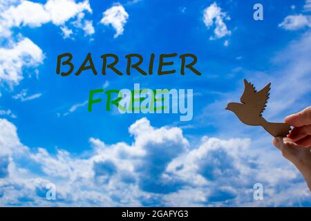 Barrier free symbol. Businessman hand holding wooden bird on cloud blue sky background. Words 'Barrier free'. Business, diversity, inclusion, belongin Stock Photo