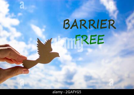 Barrier free symbol. Businessman hand holding wooden bird on cloud blue sky background. Words 'Barrier free'. Business, diversity, inclusion, belongin Stock Photo