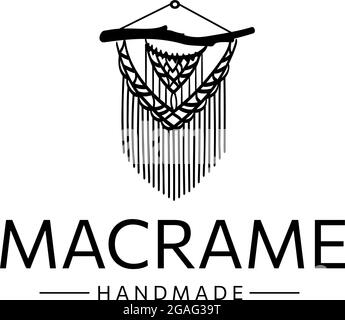 Macrame logo, Hand made. Knitting in boho style from cotton cord, original finishing. Line art, vector, black and white Stock Vector