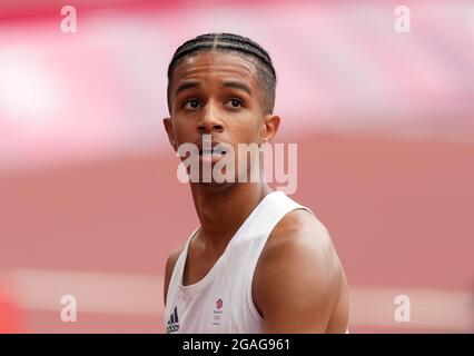 Great Britain's Daniel Rowden reacts after finishing second in the Men's 800m Heat 3 at Olympic Stadium on the eighth day of the Tokyo 2020 Olympic Games in Japan. Picture date: Saturday July 31, 2021. Stock Photo