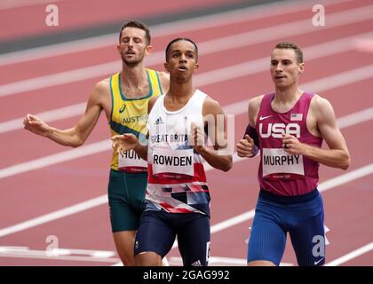 Great Britain's Daniel Rowden (centre) finishes second in the Men's 800m Heat 3 at Olympic Stadium on the eighth day of the Tokyo 2020 Olympic Games in Japan. Picture date: Saturday July 31, 2021. Stock Photo