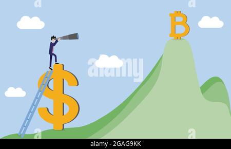 businessman investor climb up ladder on top of dollar using telescope to see bitcoin Stock Vector