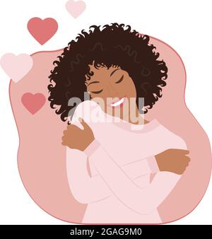 Self love. Black woman hugging herself. Stock Vector