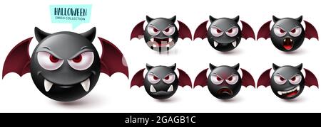 Smileys halloween emoji vector set. Smiley emojis creepy bat character collection isolated in white background for graphic design elements. Vector Stock Vector