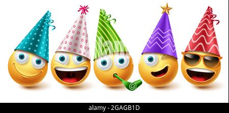 Smiley birthday emoji vector set. Smileys emoticon birthday party icon collection isolated in white background for graphic design elements. Vector Stock Vector