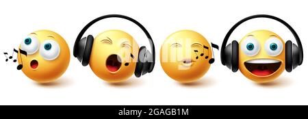 Smiley music emoji vector set. Smileys emoticon with headphones singing and listening icon collection isolated in white background for graphic design Stock Vector