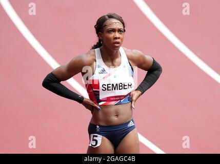 Great Britain's Cindy Sember reacts after finishing fourth in the Women's 100m Hurdles Heat 1 at Olympic Stadium on the eighth day of the Tokyo 2020 Olympic Games in Japan. Picture date: Saturday July 31, 2021. Stock Photo