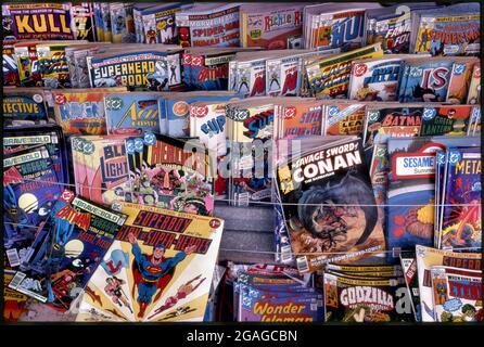 Comic books on newsstands racks at Las Palmas and Hollywood Blvd., circa 1978 Stock Photo