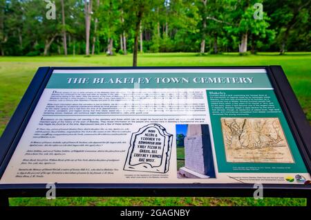 A historic marker is erected in front of Blakeley Cemetery in Historic Blakeley State Park, June 26, 2021, in Spanish Fort, Alabama.