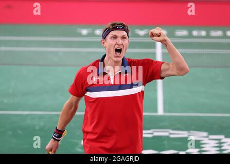 Tokyo, Japan. 31st July, 2021. Viktor Axelsen of Denmark celebrates after the Tokyo 2020 men's singles quarterfinal of badminton in Tokyo, Japan, July 31, 2021. Credit: Cao Can/Xinhua/Alamy Live News Stock Photo
